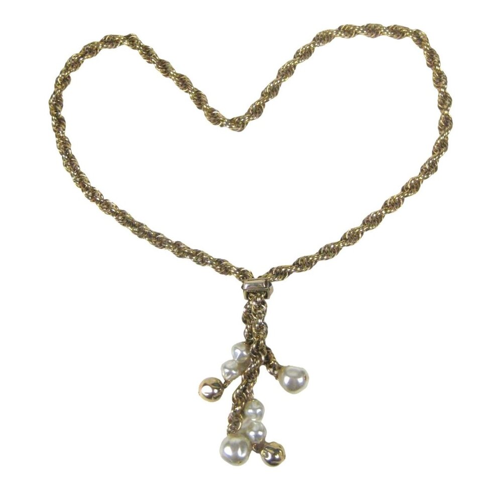 Vintage Goldtone Rope Slide Chain Necklace Faux Pearl Charms Pendant 24 Inch